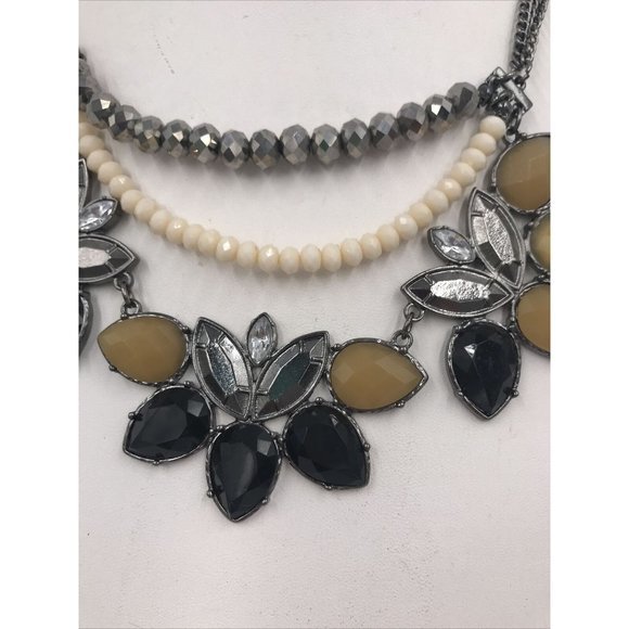 Gun Metal tone Black/Grey Cream‎ Rhinestone Necklace 18" Statement layer strands - Picture 3 of 6